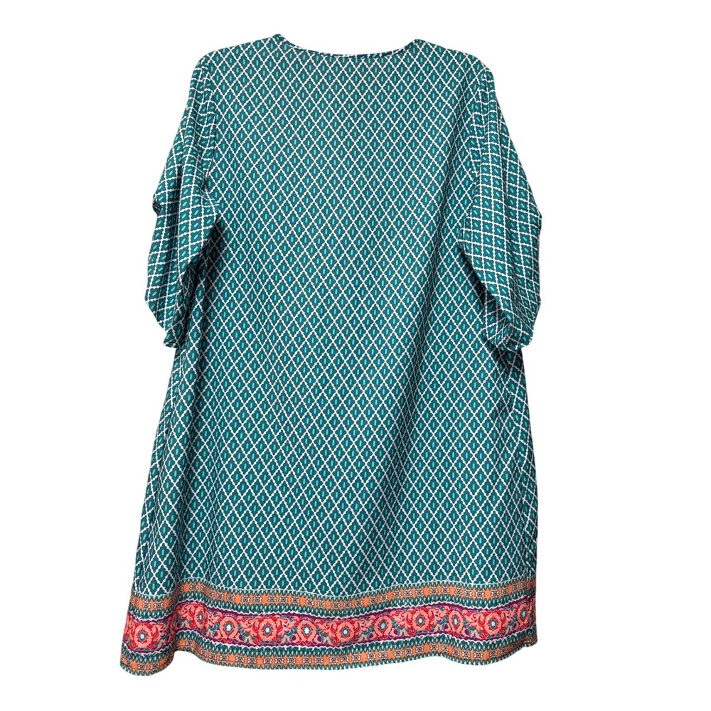 Women's Plus 0X‎ Geometric Bohemian Shift Midi Dress Ruched 3/4 Sleeve Peasant - Picture 5 of 9